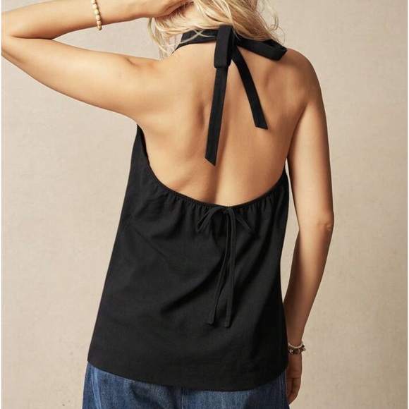 Black button front halter top open back vest top with pocket front - Picture 5 of 9